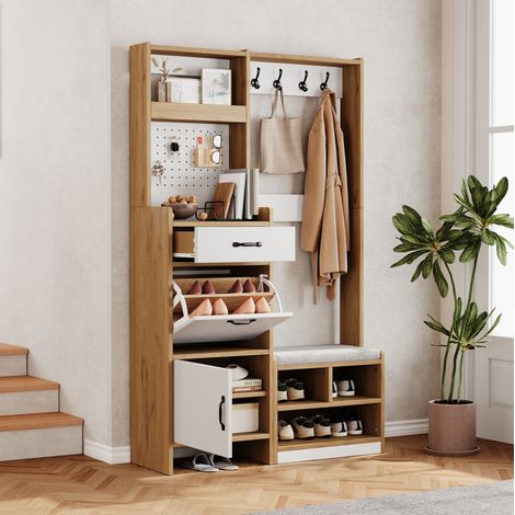 MODFU – Meuble d'entrée 108,5x35x180 cm – Banc et rangement chaussures – Crochets et tiroir – Blanc/bois (1/5)