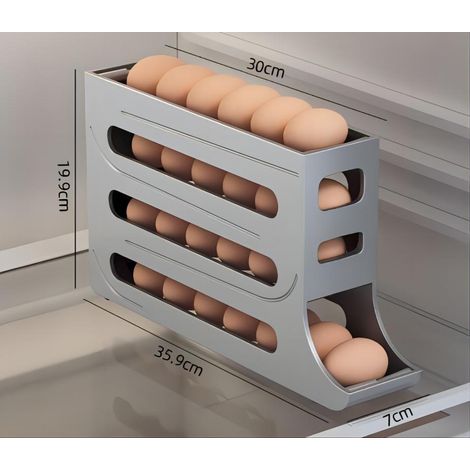 Support à œufs 4 niveaux pour frigo, distributeur à œufs automatique avec rouleau, rangement pour 30 œufs, gain de place, grille coulissante, gris, lot d'un. (1/5)