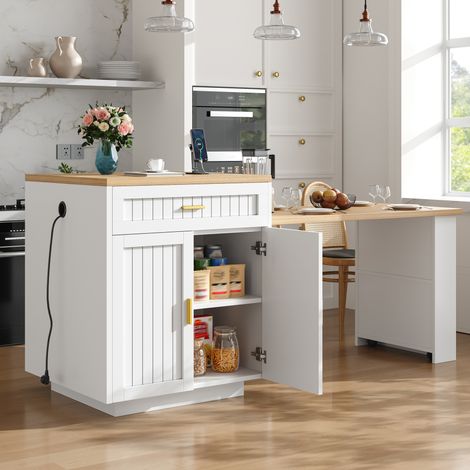 Ausziehbare Kücheninsel 121,5–192x70x92 cm aus MDF, weiß, mit Steckdose – MEUBLIV (1/5)