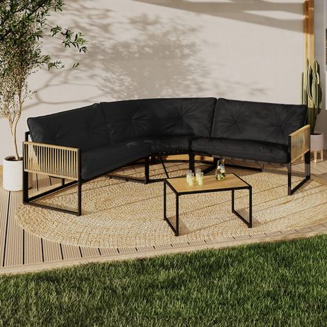 Conjunto de muebles bajos de jardín RIO de 6 plazas con estructura de metal y cordaje efecto ratán y cojines negros