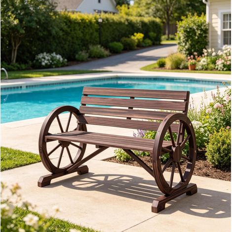 Banco de jardín vintage de madera de abeto, reposabrazos con forma de rueda, DESVIAE (1/5)