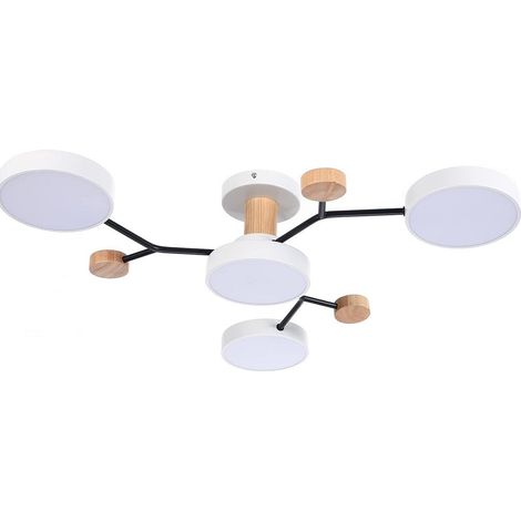 Plafonnier LED 4 têtes 48W blanc neutre bois Ø89cm (1/5)