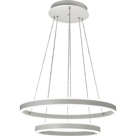 Suspension LED Palau 108W 3000K à intensité variable d 60 et d 40 cm Argent - Deux anneaux en métal et méthacrylate