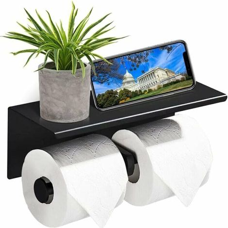 Doppelter Toilettenpapierhalter, Aufbewahrungsgestell aus Edelstahl 304, Toilettenpapierhalter mit Handyhalterung, für den Gebrauch im Badezimmer (schwarz) (1/4)