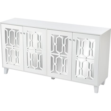 CAIziBuffet Miroir Blanc 4 Portes Poignées Cristal 160x40x84 cm (1/5)