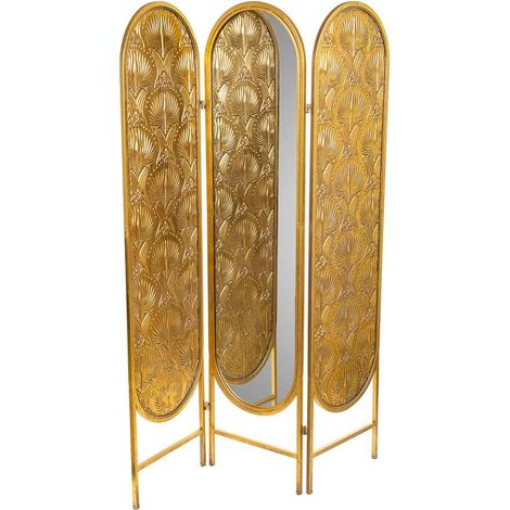 Biombo de 3 hojas de metal con Espejo central dorado 121x3x165.5