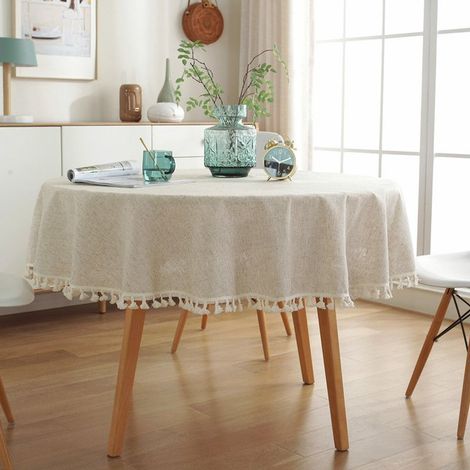 Round Stain-Resistant Tablecloth in Beige Cotton Linen Washable Table Linen with Fringes, Circular Tablecloths for Dining Table Kitchen 120 cm (1/5)