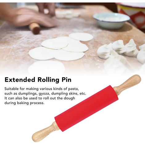 Rouleau à pâtisserie allongé en silicone avec manche en bois massif, rouleau à pâtisserie antiadhésif pour farine, rouleau à pâtisserie pour raviolis, outil de pâtisserie, rouge. (1/5)