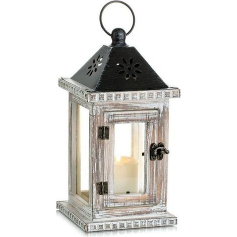 Lanterne Bougie Bois Exterieur, 28cm Lanterne Decorative Bougeoir Vintage,Table Maison Jardin Deco, Blanc Odipie (1/4)