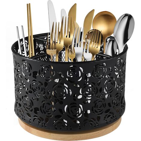 Support à ustensiles de cuisine, boîte à ustensiles de fête, organisateur d'ustensiles de cuisine rotatif à 360 degrés avec base en bois, organisateur d'ustensiles de cuisine en métal avec 4 compartim (1/5)
