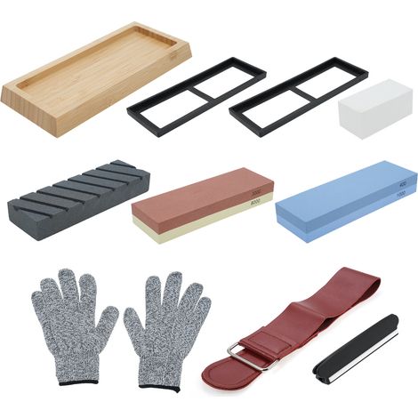 Ensemble complet de pierres à aiguiser pour couteaux, pierre à aiguiser à double grain 400/1000 3000/8000, outil d'affûtage avec cuir, pierre de dressage, base en bambou, 2 bases antidérapantes en cao (1/5)