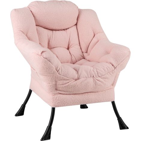 COSTWAY Large Lazy Chair Sherpa Upholstered Accent Chair with Head Pillow-Pink (1/5)