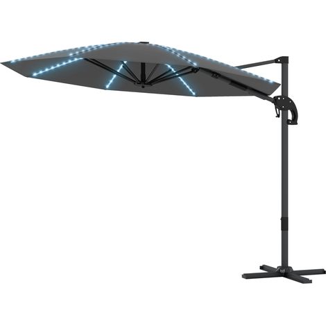 Parasol déporté aluminium éclairage solaire LED réglable en hauteur pied manivelle protection UV50+ gris foncé Ø300 cm