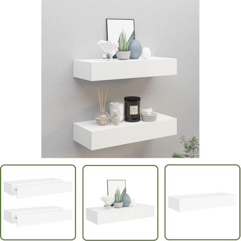 The Living Store Wandregale mit Schubladen 2 Stk. Weiß 60x23,5x10 cm MDF - Wand Regal - Regal Mit Schublade - Weißes Regal - Möbel Für Wohnzimmer - Nachttisch (1/5)