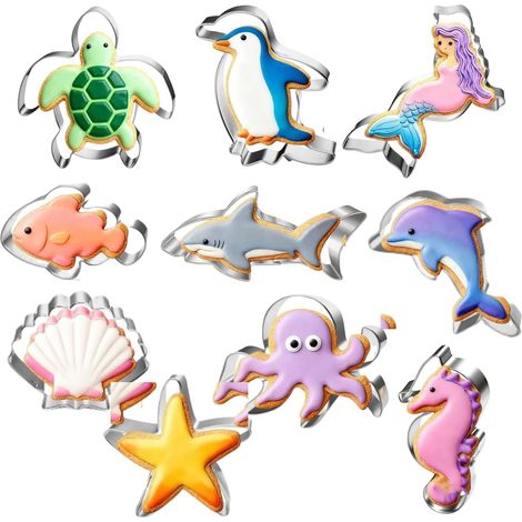 Lot de 10 emporte-pièces animaux de l'océan - En acier inoxydable - Passe au lave-vaisselle - Formes de créatures marines pour pâtisserie, fondant, enfants, fêtes et friandises de vacances,Parent,- (1/5)