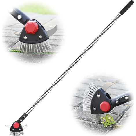 Désherbeur de fissures réglable 3 en 1 avec long manche, comprend une brosse à mousse et 2 grattoirs en acier inoxydable pour enlever les mauvaises herbes et la mousse des joints de panneaux (1/5)