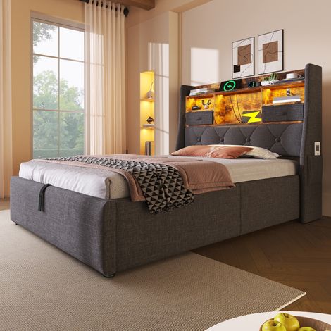 Cama almacenaje 90x200 cm con hidráulico y cabecero con LED 4 puertos de carga USB- C tela de lino gris (colchón incluido) (1/5)