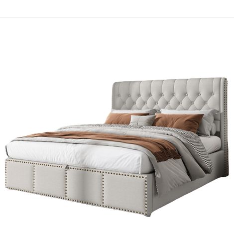 Lit capitonné en coton et lin,avec levier hydraulique,rangement des coffres de lit,décoration rivets,140 x 190 cm,sans matelas (1/5)
