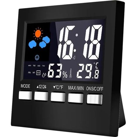 Station météo numérique LCD, thermomètre et hygromètre, température et humidité, fonction snooze, réveil, date, prévisions météo, rétroéclairage (1/4)