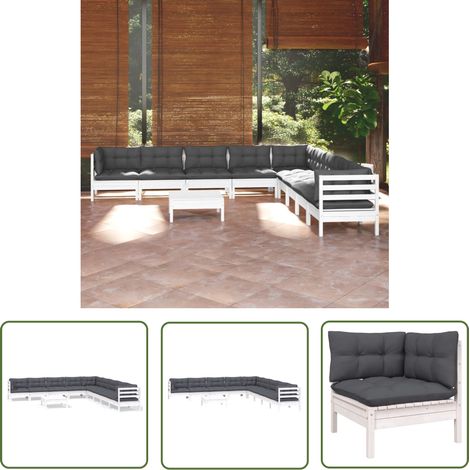 The Living Store 10-tlg. Garten-Lounge-Set mit Kissen Weiß Kiefer Massivholz - Garten Lounge Set - Esszimmergarnitur - Outdoor Möbel - Gartenmöbel - Rattan Gartenmöbel (1/5)