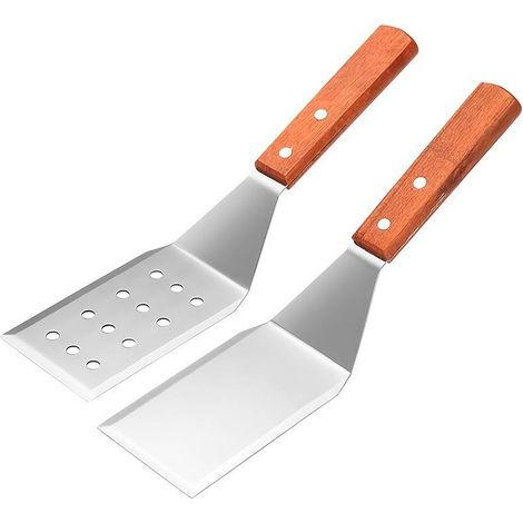 Espátula resistente de acero inoxidable para hamburguesas con 2 mangos de madera para asar y cocinar. (1/5)