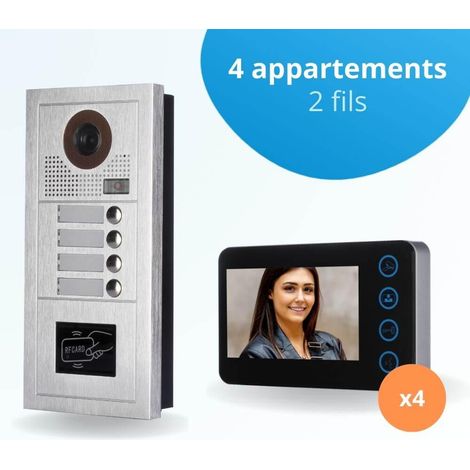 Portier interphone vidéo MODERN 2 Fils - 4 appartements - 4 écrans noirs - avec lecteur de badge