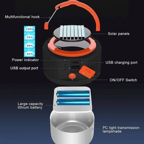 Lanterne Camping - LED SMD - Étanche IPX4 - Rechargeable Solaire et USB - 5 Modes Éclairage - Pour Tente et Urgence - 1 Pièce (1/5)