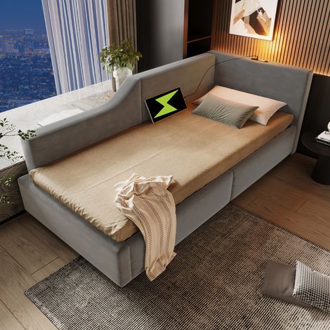 Divano letto in velluto grigio 90x200 cm con contenitore idraulico, rete a doghe, luce da lettura e USB-C