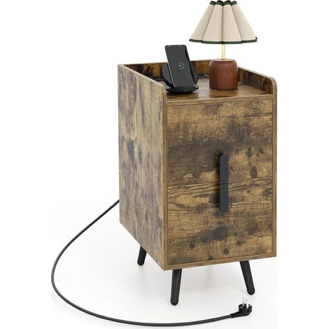 COSTWAY Nachttisch mit Ladestation, schmaler Nachtschrank mit 2 Schubladen & USB-Anschlüssen, Beistelltisch mit Metallbeinen, Nachtkommode für Schlafzimmer, Wohnzimmer, 32 x 40 x 60 cm (1/5)