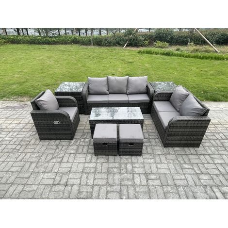 Fimous Dossier haut Salon de jardin avec Canapé d'amour Table basse rectangulaire 2 Tables d'appoint 2 Petits tabourets Ensemble de canapés en rotin Gris foncé mixte (1/5)