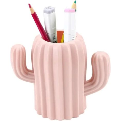 Porte-stylo multifonctionnel en plastique rose cactus 10x10x12cm (1/2)