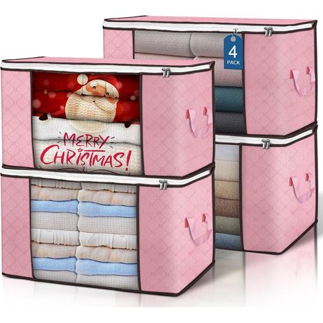 Bolsas de almacenamiento de 90 litros, juego de 4, contenedores plegables para ropa, mantas, almohadas y juguetes (rosa) (1/5)