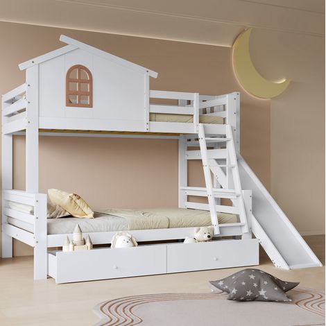 Letto a castello 90x200 cm bianco, legno di pino e MDF con scivolo e 2 cassetti (1/4)