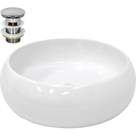 ECD Germany Vasque à Poser Lavabo Salle de Bain - Ø 350 x 120 mm - en Céramique - Rond - Blanc - avec Kit de Vidange sans Trop-Plein - Lave-Mains Évier Toilette Douche - Lavabo à Poser sur Meuble (1/5)