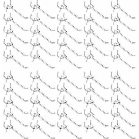 Lot de 50 crochets pour panneau perforé, crochets pour étagères murales pour présentoirs à panneaux perforés, garage, atelier, outils, rangement, crochets pour étagères murales. (1/4)