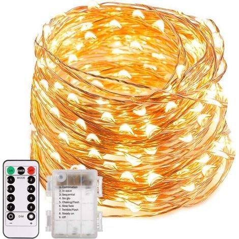 Guirlande lumineuse d'extérieur 20M 200 LED – Fil cuivre à piles avec télécommande – Blanc chaud IP65 pour fêtes et mariages (1/5)