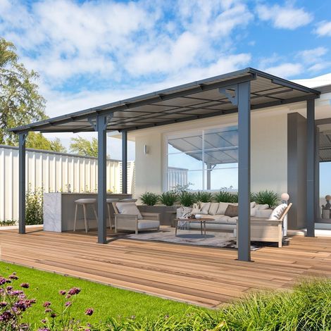 YODOLLA 4,9 × 3 m Terrassenüberdachung für Garten – großes wandmontierter Pergola aus feuerverzinktem Stahl, 127 km/h windbeständig, schwere Pavillon für Hinterhof und Terrasse, Schwarz