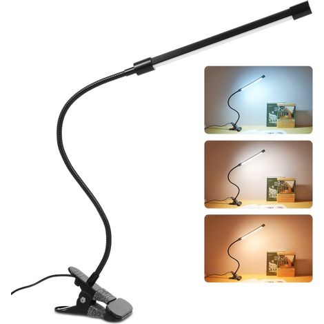 Lámpara de escritorio LED con clip de 10 W, 36 LED, alimentación USB, 5 V CC / 3 temperaturas de color / 10 niveles de brillo ajustables / Brazo flexible / Ángulo de iluminación ajustable