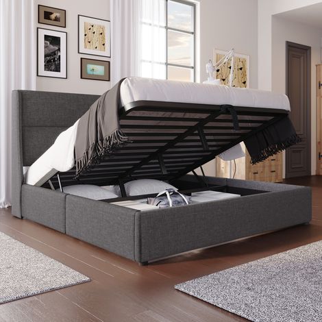 Letto matrimoniale 160x200 cm grigio in lino con contenitore idraulico, testiera regolabile e materasso (1/5)