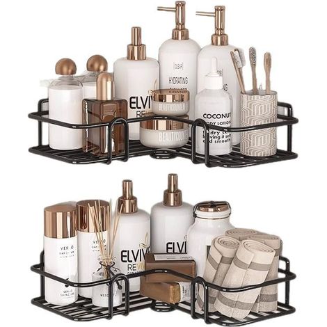 Étagère de douche sans perçage, étagère de salle de bain 2 pièces avec 8 crochets, étagère de salle de bain en acier inoxydable sans perçage (1/5)