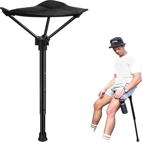 Sgabello telescopico pieghevole, portatile per esterni, regolabile in altezza, ideale per passeggiate, pesca e campeggio, in lega di alluminio leggera, con gamba singola, colore nero. (1/5)