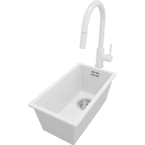 PRIMAGRAN Evier Cuisine en Granit 26x47cm, Lavabo 1 bac + Robinet 40x20cm + Kit de Vidage, Évier à Encastrer au meuble 30cm - London Slim, Blanc (1/5)