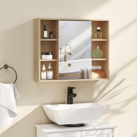 Meuble salle de bain avec miroir placard à portes et 6 compartiments ouverts bois naturel 60 x 14.5 x 49.4 cm design moderne (1/5)