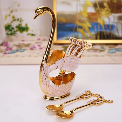 Cuillère - Support Cygne Métallique Or et Blanc - Design Élégant pour Décoration ou Service de Table - Lot de 6 (1/5)