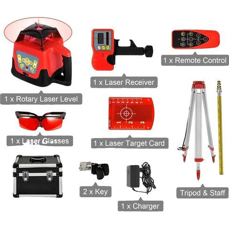 Nivel láser rotativo autonivelante, alcance de medición de 500 m, kit de 2 haces rojos (1/2)