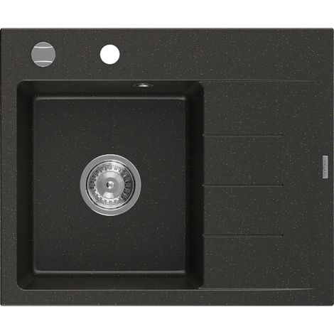 Mexen Ben évier en granit 1 bac avec égouttoir gauche 600 x 500 mm, noir/doré métallisé, siphon chromé - 6522605000-75 (1/5)