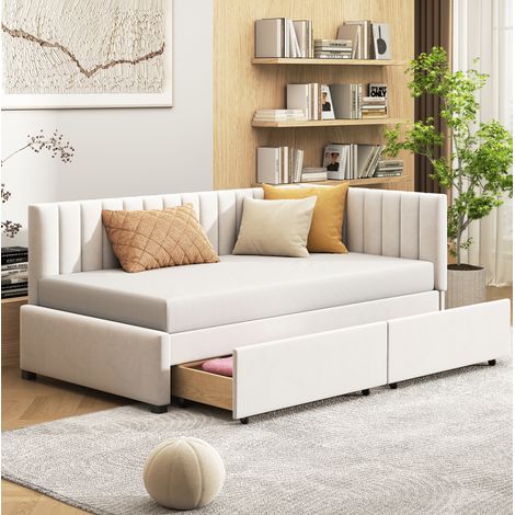 Bettsofa Mid-Century 90x200 cm beige, gepolstert, mit Kopfteil/Rückenlehne, Armlehnen, 2 Schubladen und Lattenrost (1/5)