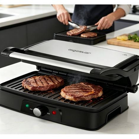 Grill panini électrique Aigostar 1500W en acier inoxydable, bouton de réglage de température, chauffe multifonction idéal pour la cuisine domestique (1/3)