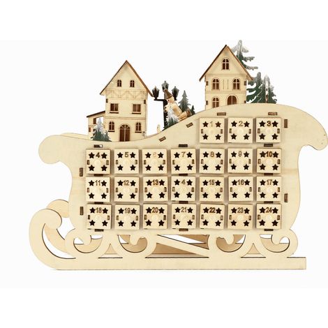 Calendario de Adviento LED con forma de trineo - 10 luces blancas cálidas - 24 cajones - Decoración navideña con luces - Beige (1/5)