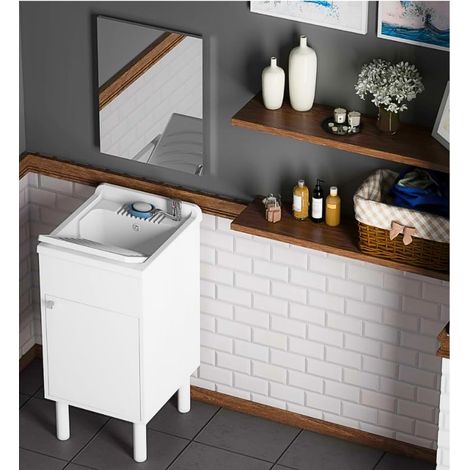 Composition, Lavabo en résine + Miroir, Résistant à l'humidité, Baignoire résistant aux acides, Kit d'échappement Inclus, Intérieur et extérieur, L45 x P50 x H85 cm, Blanc (1/4)